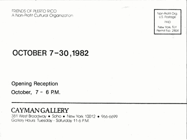 Postcard Back, Freddy Rodríguez exhibition, Cayman Gallery, 1982