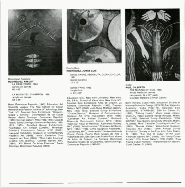 Artist overviews, Caribbean Art/African Currents, Museum of Contemporary Hispanic Art (MoCHA), April 17 - May 25, 1986