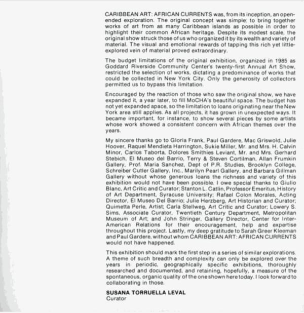 Letter from Curator Susana Torruella Leval, Caribbean Art / African Currents, Museum of Contemporary Hispanic Art (MoCHA), April 17 - May 25, 1986