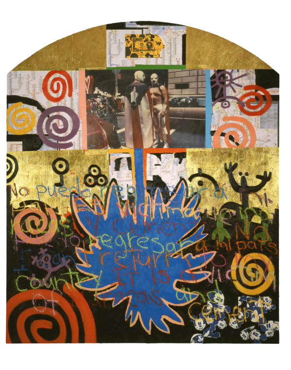 Juan Sánchez, Confused Paradi(c)e, 1995, Signed and dated '95, oil and mixed media collage on wood panel, 78 x 66 inches