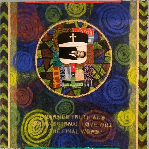 Juan Sánchez, "Saint Martin," 2022, Collagraph, Batik fabric, wood, cowrie shells, digitally printed, hand-made fan assemblage, hand-coloring on handmade paper, 48 x 48 in (121.9 x 121.9 cm), Edition of 16