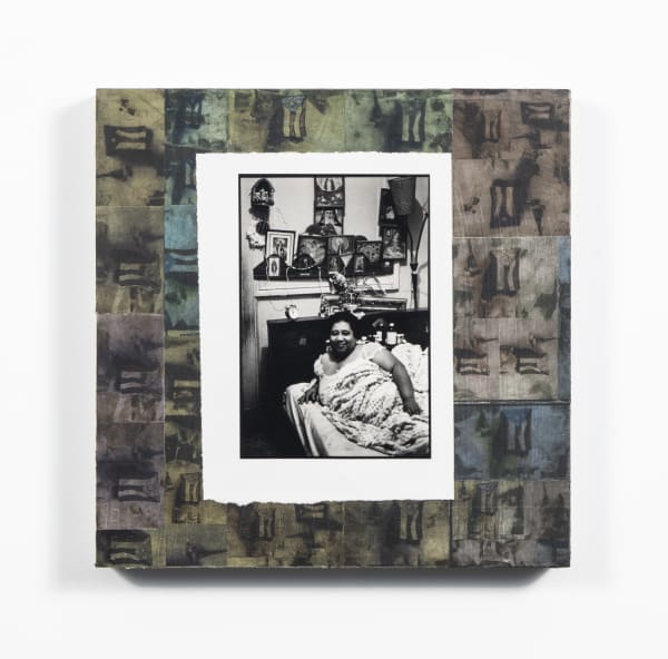 Juan Sánchez, "Mami y su Altar," 2021, Vintage silver gelatin print and mixed media collage on wood panel, 12 x 12 in (30.5 x 30.5 cm)