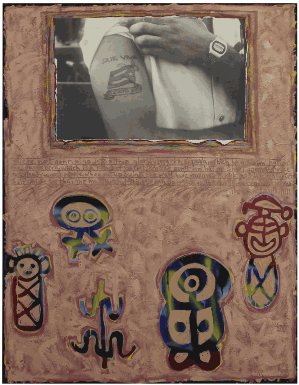 Juan Sánchez, "The Most Cultural Thing You Can Do," 1983, Oil, photo collage and mixed media on canvas, 58 x 44 1/2 in (147.3 x 113 cm)