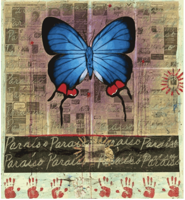 Freddy Rodríguez, "Paradise for a Tourist Brochure," 1990, acrylic, sawdust, and newspaper collage on canvas, Gift of Funds from The Ahmanson Foundation, and Patrons' Permanent Fund, 2022.45.1. Permanent Collection of the National Gallery of Art, Washington, D.C.