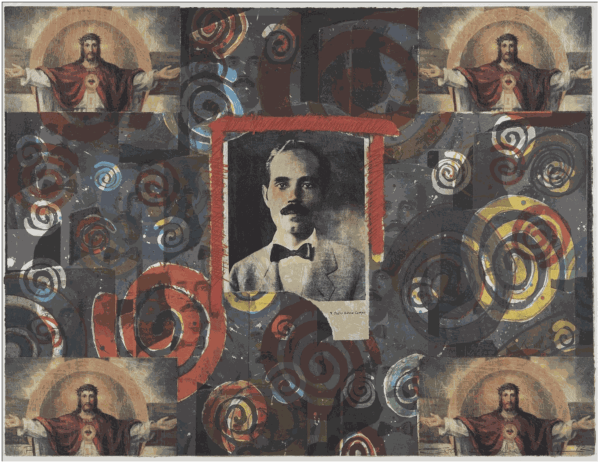 Juan Sánchez, Para Don Pedro, 1992, lithograph with chine collé on paper, 22 1/16 × 30 ⅛ in. (56 × 76.5 cm.) Jersey City Museum Collection, gift of Jersey City Museum, gift of Mr. and Mrs. Herb Cooper.