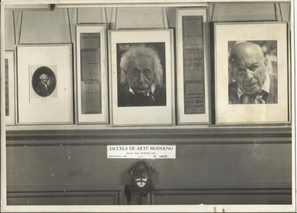 Detail of the main wall displaying reproductions of modern works in the main room at the Escuela de Arte Moderno in Buenos Aires. Portraits of Immanuel Kant, Albert Einstein and Pablo Picasso are included. Their works were influential to the foundation of the school which was founded by Lisa on July 27th, 1955.