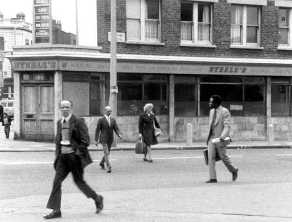 Still from The Girl Chewing Gum 1976 16mm film transferred to video, 12 min courtesy the artist and Tanya Leighton Gallery, Berlin
