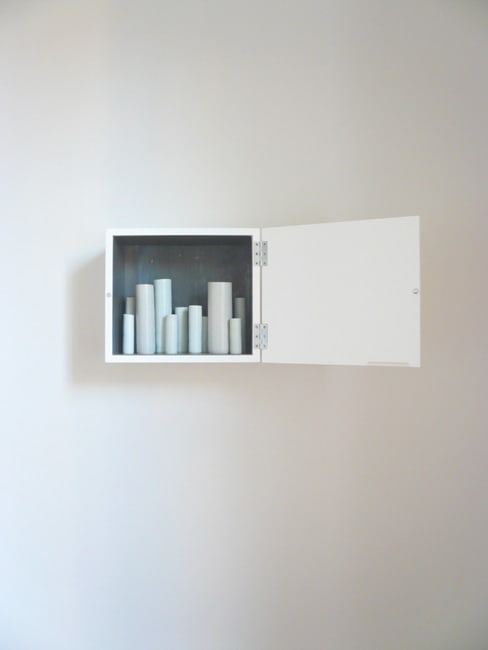 North North West 2007 Lead-lined white laquered cabinet, porcelain vessels in various glazes