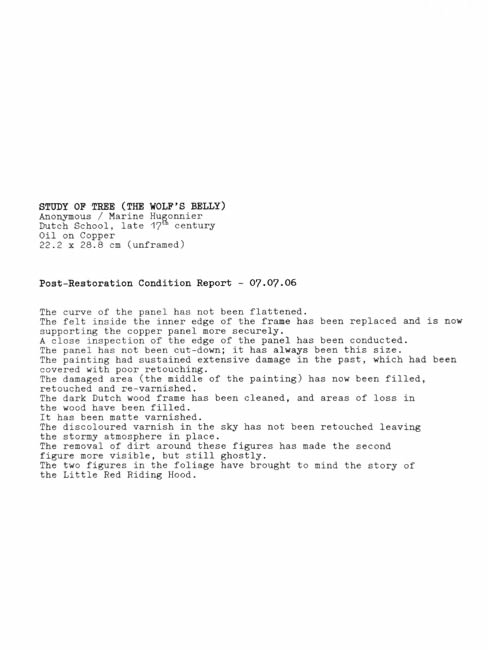 Study of a Tree (The Wolf's Belly) Late 17th Century Dutch School / 2006 3 Parts: oil on copper painting (in box frame); and two text panels (framed)