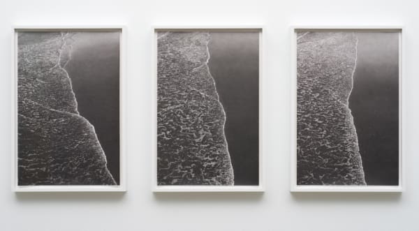 Richard Forster Incoming seas' edge on three consecutive occasions at random time intervals, Saltburn Jan 3, 2016, 11:18 - 11:20 am, 2016 Graphite and acrylic medium on Fabriano Artistico paper (three parts) 45.5 x 30.3 cm page size (each part)