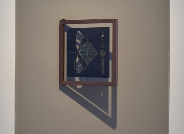 JOHANNA UNZUETA June Zwischi 2023, February Berlin 2024, 2024 Paper tinted with pigment from anil indigo and wild berries, pastel pencil, oil sticks, gold watercolour pencil, cut paper and needlepoint 41 x 41 cm (framed) 16 1/8 x 16 1/8 in GBP £8,500 (+ UK import VAT if applicable)