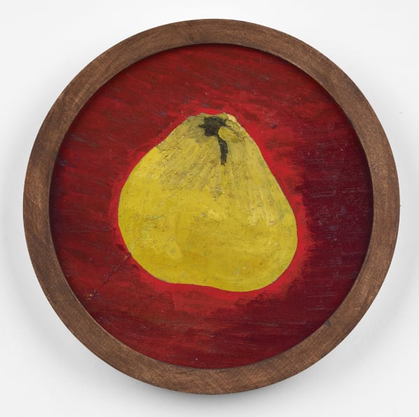 Frank Walter, Untitled (Pear with red background), oil on biocomposite material, backed with Masonite 19.7 cm, diameter