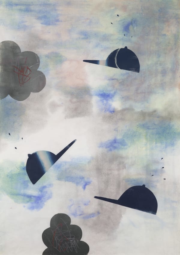 Lotte Gertz, 'Maybe as usual they’re talking while it gets ready to cloud up', 2022, Gouache, watercolour and relief print on Japanese Kozu paper, unique print, 140 x 100 cm. Purchased with the Iain Paul Fund 2023. Image courtesy of the artist and National Galleries Scotland.