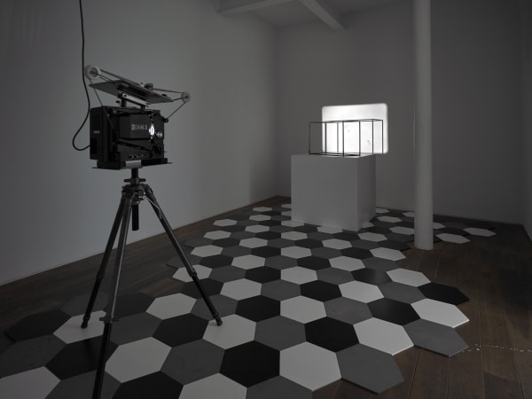 Charles Avery Untitled (Dihedra), 2010-2012 16mm projection, steel cage, 196 steel tiles, plinth, projector, looper, tripod Dimensions vary
