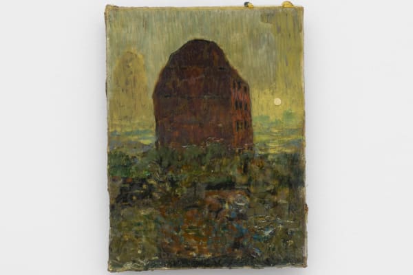 Andrew Cranston, 'Glasgow in ruins'. 2024, oil on hardback book cover, 19.5 x 14.5 x 2.5 cm. Photography Michael Brzezinski. Courtesy of the Artist and Modern Art, London.