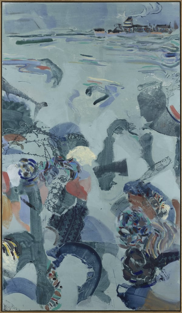 Nick Goss, 'The Platform on the Ocean', 2025, distemper, seaweed ink, oil and silkscreen on linen, 213 x 123 cm (framed).