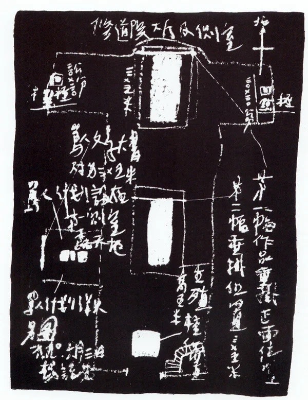 Yang Jiechang's hand-drawn exhibition plan for the Convent of Minimes, Pourrières, France, 1990, including an unreadlised performance (cropped image from the Chine demain pour hier exhibition catalogue). Fei Dawei Archive. Courtesy of Fei Dawei and Asia Art Archive. 杨诘苍为法国普里耶尔最小兄弟会修道院展览的手绘方案，包括没有实现的行为作品（“献给昨天的中国明天”展览图录截图），1990年，费大为档案。图片提供：费大为及亚洲艺术文献库。