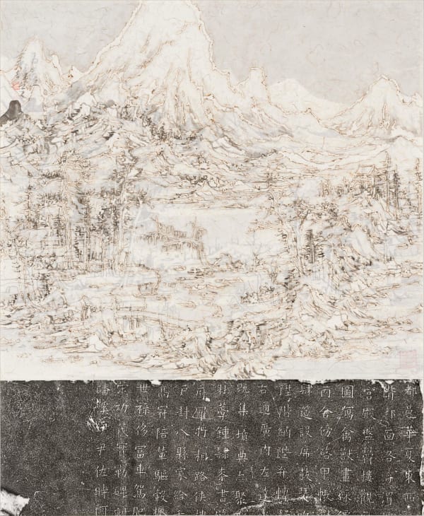 Wang Tiande 王天德，Reposing in Changzhou 卧游常州图，2018，Ink, rubbing and burn marks on xuan paper 宣纸、墨、拓片、焰，85 x 70 cm
