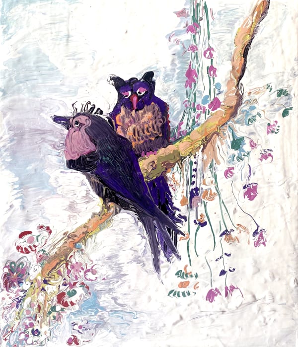 Ardi Gunawan, Kinda Like (twin bird with cherry blossom but one looks like an owl, after Ohara Koson), 2024