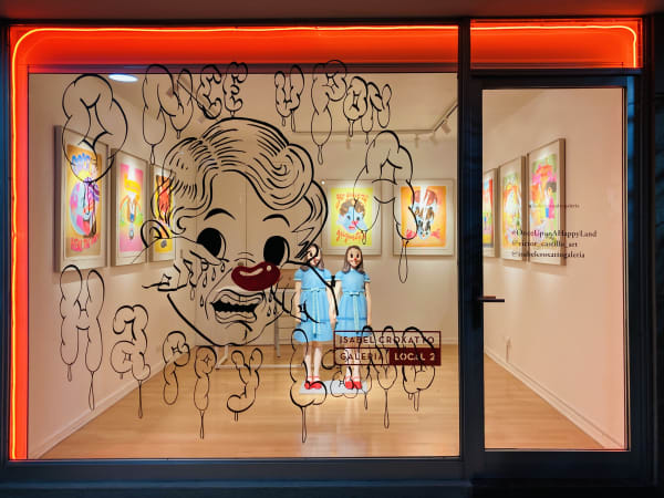 Installation view of Once Upon A Happy Land, solo exhibition by Víctor Castillo. Isabel Croxatto Galería | LOCAL 2. Santiago, Chile. May - June 2022. Photo: Nicolás de Sarmiento. Neon light courtesy of Simple Light Chile.
