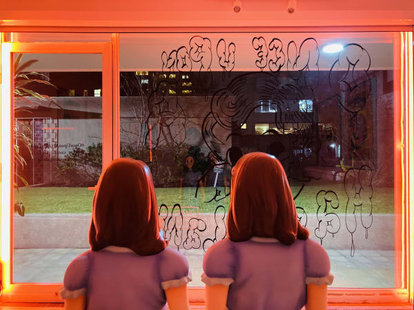 Installation view of Once Upon A Happy Land, solo exhibition by Víctor Castillo. Isabel Croxatto Galería | LOCAL 2. Santiago, Chile. May - June 2022. Photo: Nicolás de Sarmiento. Neon light courtesy of Simple Light Chile.