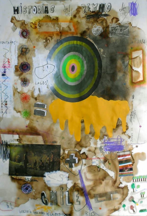 Coco González Lohse, Historias del Reyno de Chile, 2016-2019, ⁣⁣Collage, acrylic enamel, graphite on paper, 110 × 77 cm.