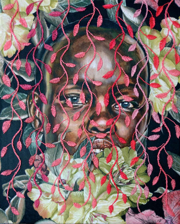 Nanon Morsink Pink distance, 2020 Mixed media, fabric, acrylic and thread. 50 x 40 cms Series: Women