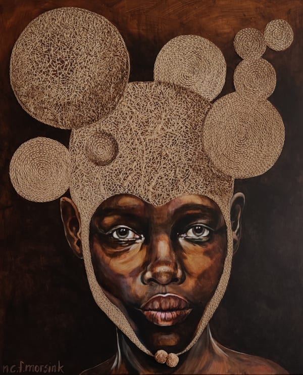 Nanon Morsink Woman with embroided headgear I, 2022 Acrylic on canvas, rope embroidery, pompons 120 x 100 cms