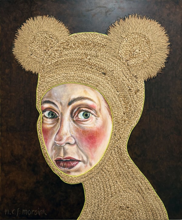 Nanon Morsink Woman with embroidered headgear III, 2023 Acrylic on canvas, jute and neon cord application, rope embroidery 120 x 100 cm