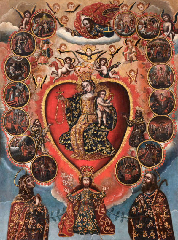 Gaspar Miguel de Berrío (attrib.) (Puna, Upper Peru. ca. 1705 - ca. 1762) Our Lady of the Rosary Oil on canvas 90.5 x 67.5 cm