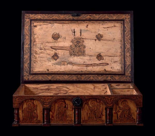Vice-regal Chest , circa 1600 Oaxaca, Mexico. Wood from Lemon, Granadillo and Lign-Aloes trees "Zulaque" vegetable dyes, iron metalwork. 87.5 x 58 x 22 cm