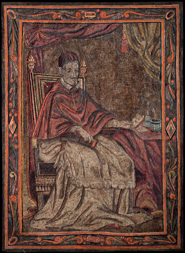 Anonymous artist from New Spain Portrait of Pope Innocent X, based on Velázquez, Second half of the 17th century Feather work mosaic, (Emplumado), paper and gold leaf on copper. 61 x 44 cm