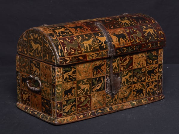 Barniz de Pasto Chest, 17th century Pasto, Colombia. Wood, Pasto varnish and iron mounts. 31 x 13 x 20 cm