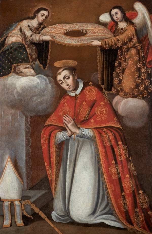 Basilio de Santa Cruz Pumacallao (Cuzco, 1635-1710, active 1661-1700) INVESTURE OF SAINT ILDELFONSUS BY THE VIRGIN MARY AND ANGEL Oil on canvas 154 x 100 cm