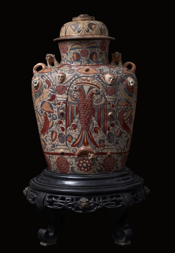 Tibor with Two-Headed Eagle Mexico, Tonalá, 1710 Earthenware Molded, shaped and burnished with slip (engobe); single firing. Polychrome wooden lid 88 x 66 cm