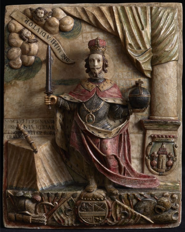 Saint Ferdinand Unknown artist Ayacucho (Peru), late 17th century Carved Huamanga stone, encaustic polychrome, gold leaf estofado Inscriptions: upper left side “DÑS MIHI A DIVTOR”, left side “SANCTUS FERDINANDUS HISPANIAE REXSARA CENORV MATER RORA CRELIGIO” 30 x 24 cm