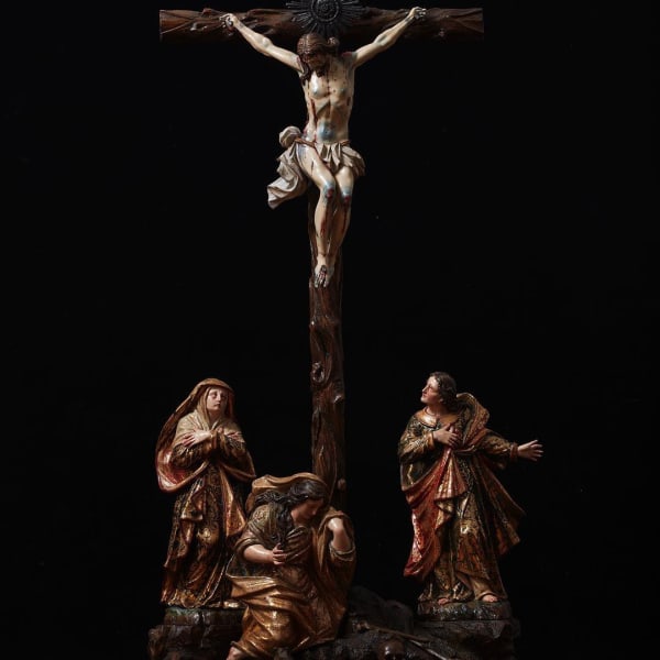 Caspicara / Manuel Chili (1723-1796) Calvary Ecuador Polychrome graffito gilt wood 120 x 54 cm