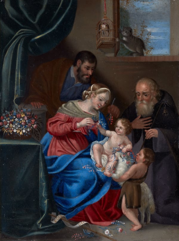Miguel de Santiago (ca. 1620-1706) attrib. The Holy Family with Saint John the Baptist and Saint Anthony the Abbot, 17th century Oil on Copper 36 x 26 cm