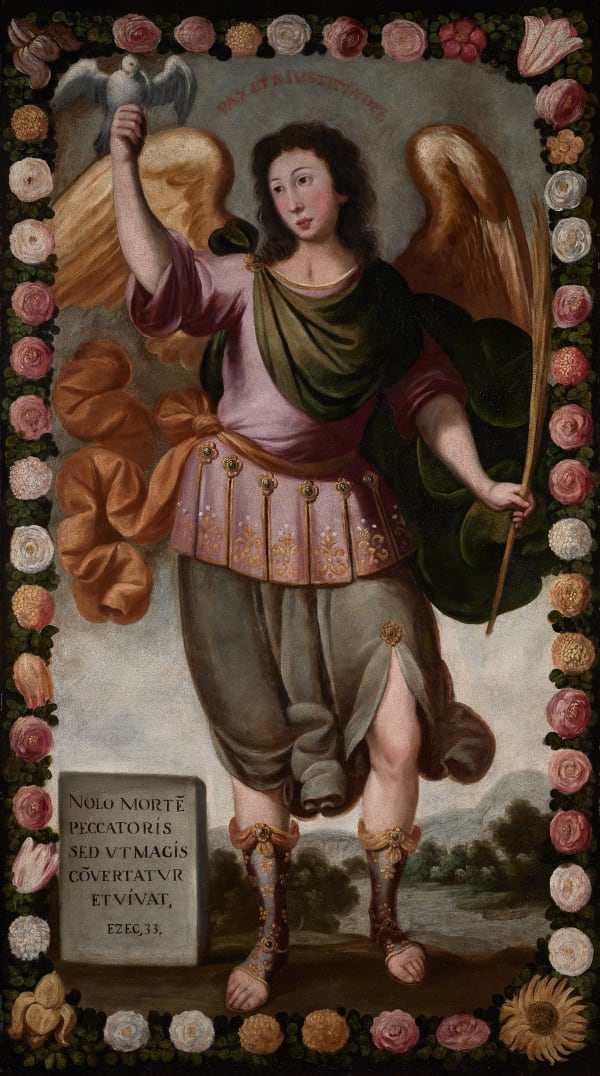 Saint Gabriel the Archangel Unidentified artist Viceroyalty of Peru (Peru), 17th century Oil on canvas Inscription above his head “PAX ET A IVSTITIA DEI” Inscription on the plinth “NOLO MORTE PECCATORIS SED VI MAGIS COVERTATVR ET VIVAT, EZEC, 33.” 199 x 110 cm