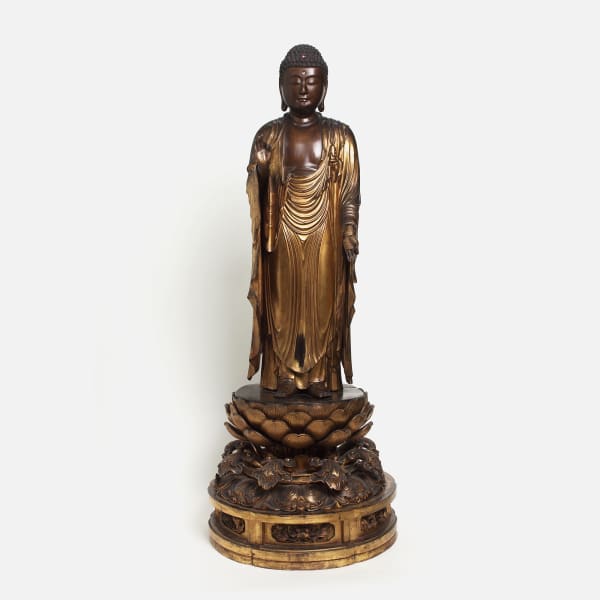 Holzskulpturen, #004905 Stehende Figur des Buddha Amiga-nyorai, Edo-Zeit, wohl frühes 19. Jahrhundert