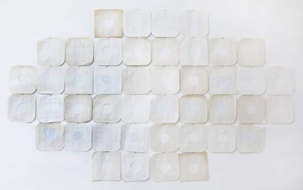 Mary Valverde Chakana, 2008 record sleeves, graph paper, ink, copper pins dimensions variable, installed size 10 ft x 6 ft