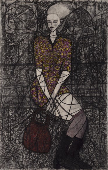 Victor Ehikhamenor Waiting For A History Lesson In A Public Park, 2016 charcoal and oil pastel on canvas 72 x 47 inches