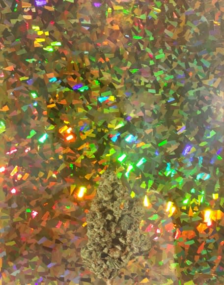 Sadie Barnette Untitled (Bud), 2016 collage on holographic vinyl 10 x 8 inches