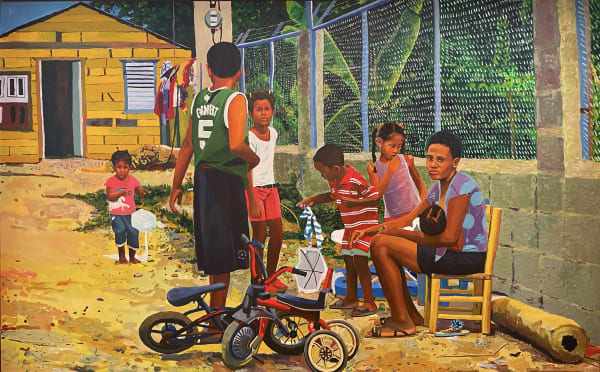 Raelis Vasquez Canta y No Llores, 2021 signed verso oil, acrylic, and sand on canvas 60 x 96 in