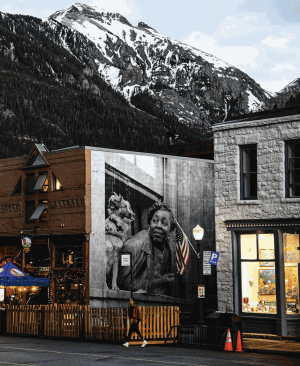 Harlem, New York, 1943, a photograph by Gordon Parks, installed by JR in Telluride, US, 2021. Photograph: Original artwork © Estate of Gordon Parks