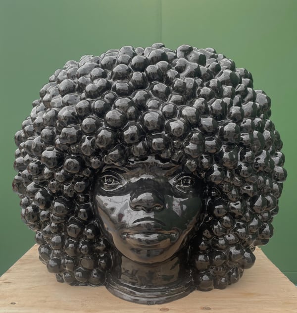 Mustafa Ali Clayton, Natural, 2024. Earthenware, glaze, wood pedestal hand-built from found materials. 61 × 55.9 × 50.8 in. Courtesy the artist and Dominique Gallery