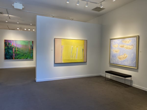 Installation shot of Spring/Summer Exhibition 2020 including paintings by Brian Rutenberg, Lee Hall, and Raul Diaz