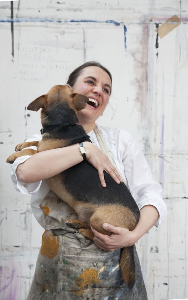 Sophie Charalambous with Theo, her studio companion.