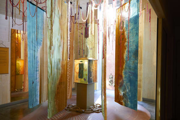 Drawn to the Light, textile installation by Omeima Mudawi-Rowlings MBE Ditchling Museum of Craft. Image courtesy of Ditchling Museum of Craft. Artwork (c) Omeima Mudawi-Rowlings. Photo (c) Tessa Hallmann