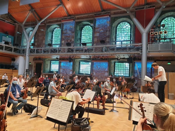 LSO in a socially-distanced concert rehearsal in Jerwood Hall, LSO St Luke's on 10th July. Photo: Maxine Kwok, First Violin, LSO.